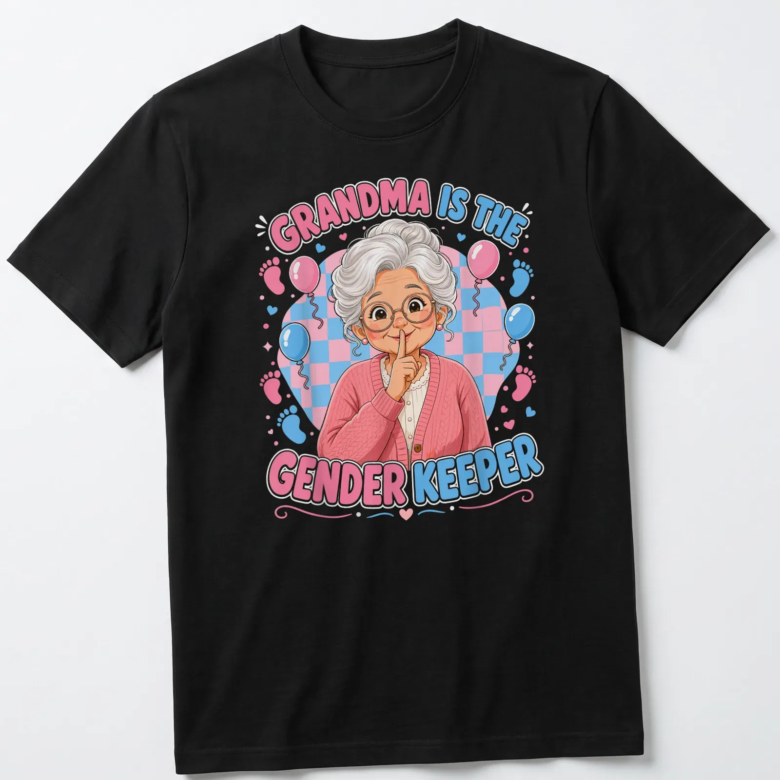 Colorful cartoon grandmother with the text 'Grandma Is The Gender Keeper' in bold letters. — printed on a unisex t-shirt