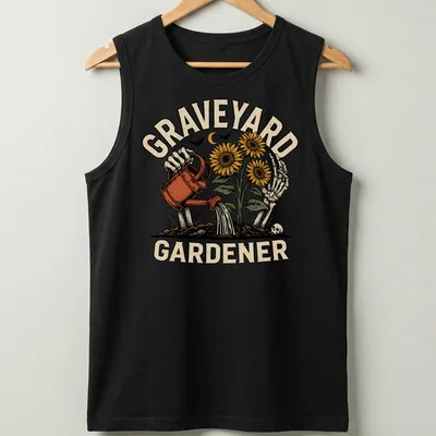 Vintage illustration of a skeleton watering colorful sunflowers with the text 'Graveyard Gardener' above. — printed on a tank top