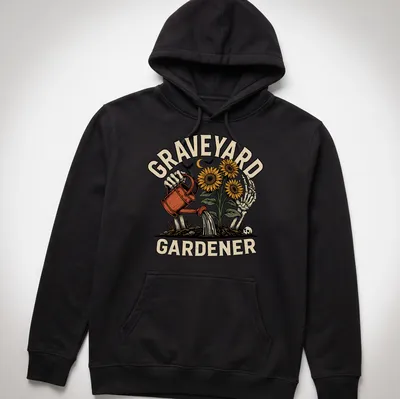 Vintage illustration of a skeleton watering colorful sunflowers with the text 'Graveyard Gardener' above. — printed on a unisex hoodie