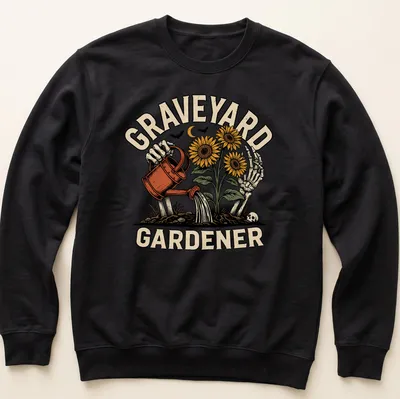 Vintage illustration of a skeleton watering colorful sunflowers with the text 'Graveyard Gardener' above. — printed on a unisex sweatshirt