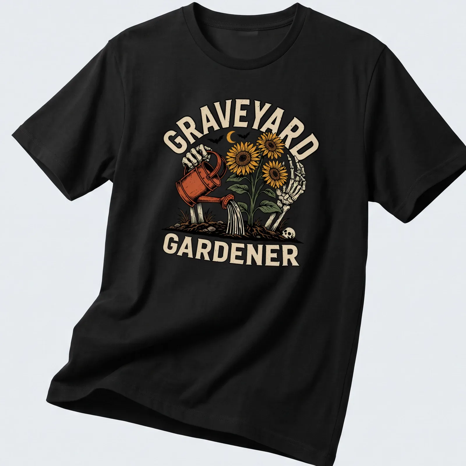 Vintage illustration of a skeleton watering colorful sunflowers with the text 'Graveyard Gardener' above. — printed on a unisex t-shirt
