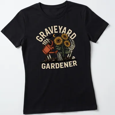 Vintage illustration of a skeleton watering colorful sunflowers with the text 'Graveyard Gardener' above. — printed on a women's shirt