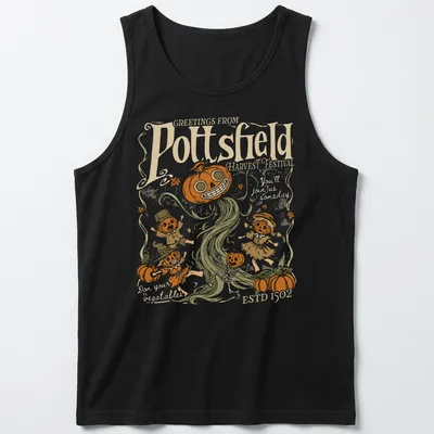 Vintage spooky illustration of pumpkin folk art characters on a harvest festival — printed on a tank top