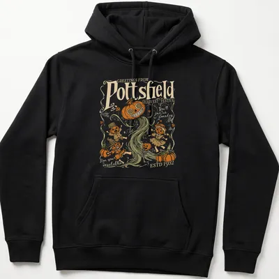 Vintage spooky illustration of pumpkin folk art characters on a harvest festival — printed on a unisex hoodie