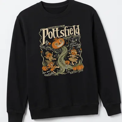 Vintage spooky illustration of pumpkin folk art characters on a harvest festival — printed on a unisex sweatshirt