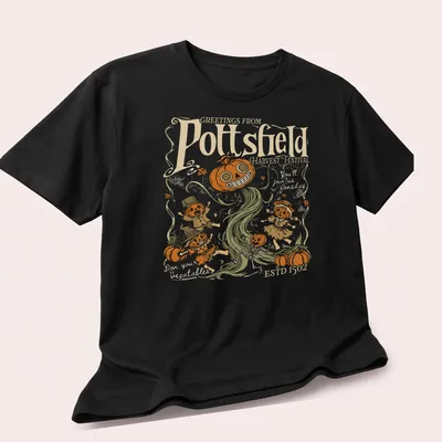 Vintage spooky illustration of pumpkin folk art characters on a harvest festival — printed on a unisex t-shirt (angled view)