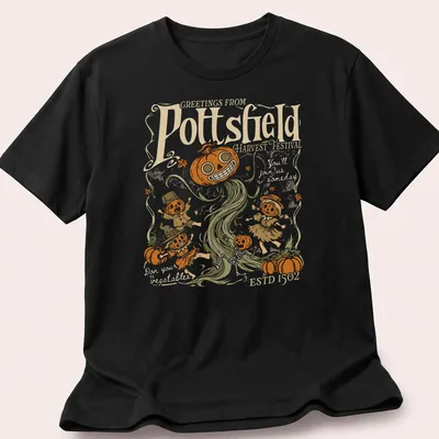Vintage spooky illustration of pumpkin folk art characters on a harvest festival t-shirt