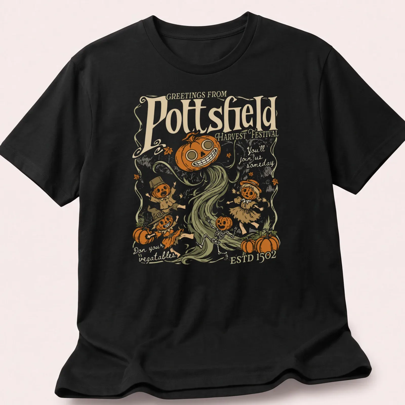 Vintage spooky illustration of pumpkin folk art characters on a harvest festival — printed on a unisex t-shirt
