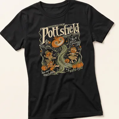 Vintage spooky illustration of pumpkin folk art characters on a harvest festival — printed on a women's shirt