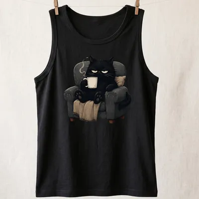 Kawaii illustration of a grumpy black cat holding a coffee mug — printed on a tank top