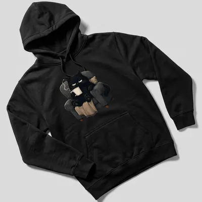 Kawaii illustration of a grumpy black cat holding a coffee mug — printed on a unisex hoodie