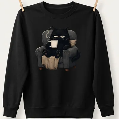 Kawaii illustration of a grumpy black cat holding a coffee mug — printed on a unisex sweatshirt