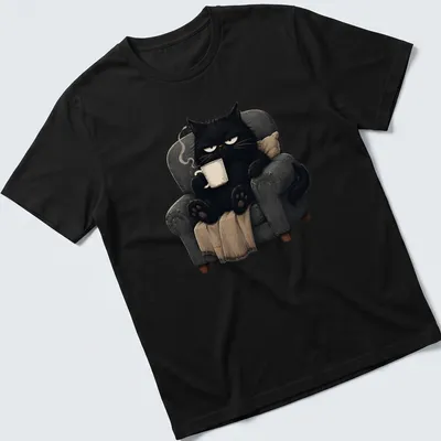 Kawaii illustration of a grumpy black cat holding a coffee mug