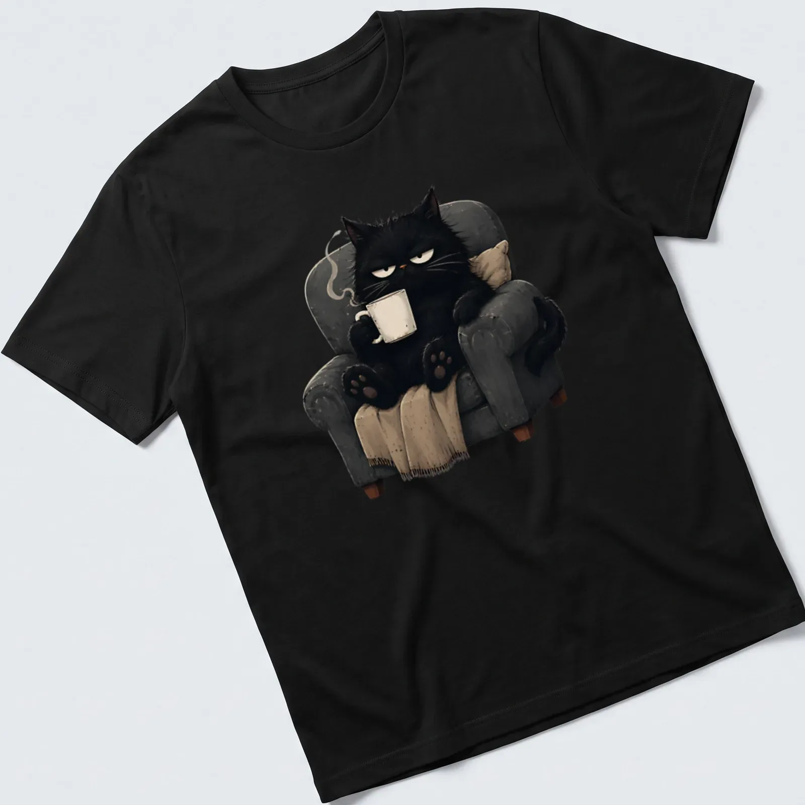 Kawaii illustration of a grumpy black cat holding a coffee mug — printed on a unisex t-shirt