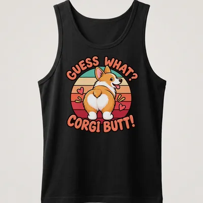 Funny retro style t-shirt featuring a corgi's rear with colorful text — printed on a tank top