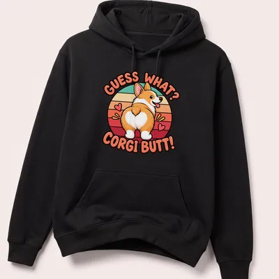 Funny retro style t-shirt featuring a corgi's rear with colorful text — printed on a unisex hoodie