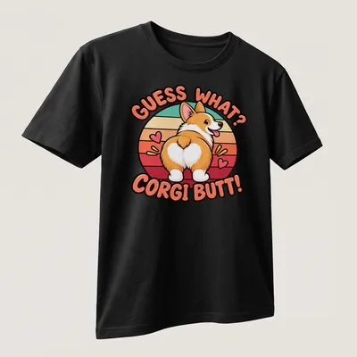 Funny retro style t-shirt featuring a corgi's rear with colorful text — printed on a unisex t-shirt (angled view)