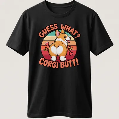 Funny retro style t-shirt featuring a corgi's rear with colorful text