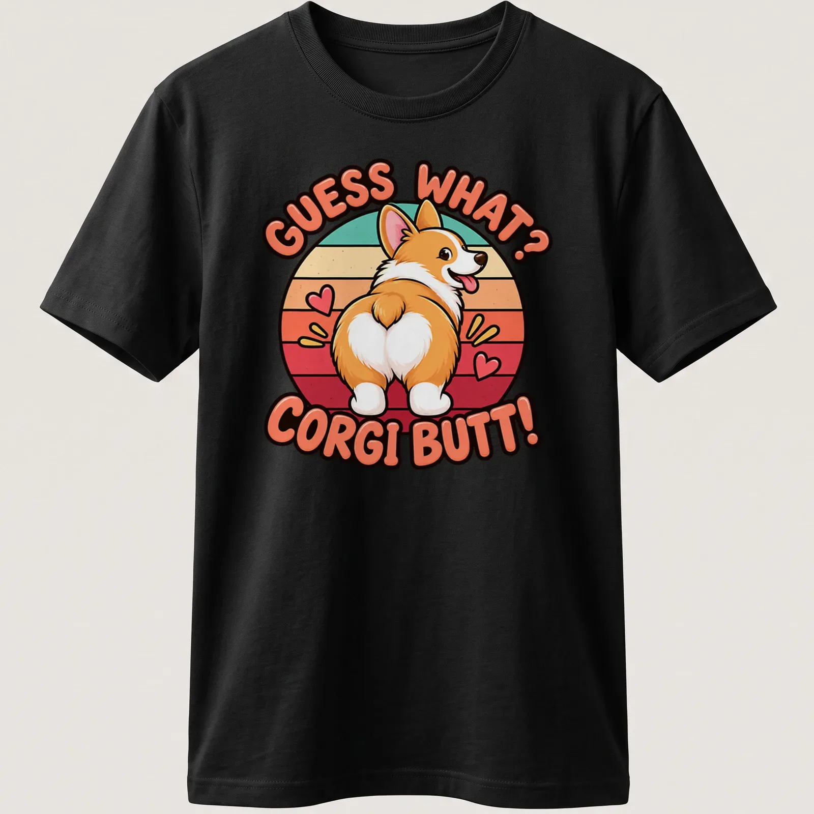 Funny retro style t-shirt featuring a corgi's rear with colorful text — printed on a unisex t-shirt