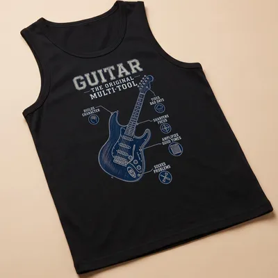 Vintage distressed T-shirt featuring a guitar and uplifting text about its benefits — printed on a tank top