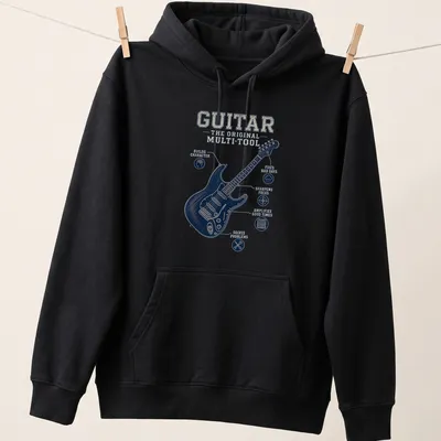Vintage distressed T-shirt featuring a guitar and uplifting text about its benefits — printed on a unisex hoodie