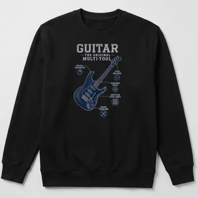 Vintage distressed T-shirt featuring a guitar and uplifting text about its benefits — printed on a unisex sweatshirt