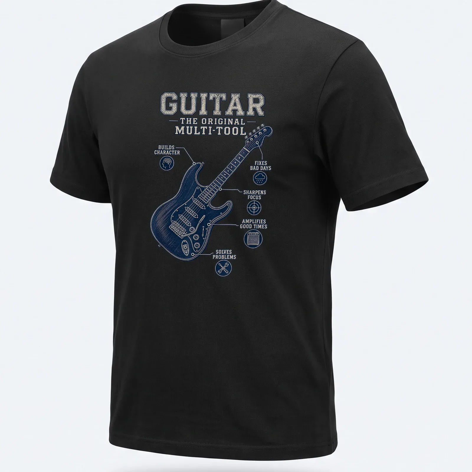 Vintage distressed T-shirt featuring a guitar and uplifting text about its benefits — printed on a unisex t-shirt