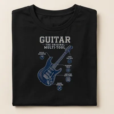 Vintage distressed T-shirt featuring a guitar and uplifting text about its benefits — printed on a women's shirt