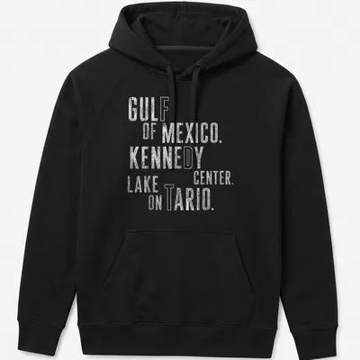 Bold distressed text of Gulf Of Mexico, Kennedy Center, Lake Ontario on — printed on a unisex hoodie