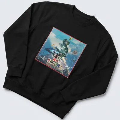 Vibrant collage t-shirt featuring Gunna with the text DRIP OR DROWN 2 — printed on a unisex sweatshirt