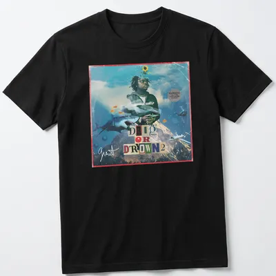 Vibrant collage t-shirt featuring Gunna with the text DRIP OR DROWN 2 — printed on a unisex t-shirt