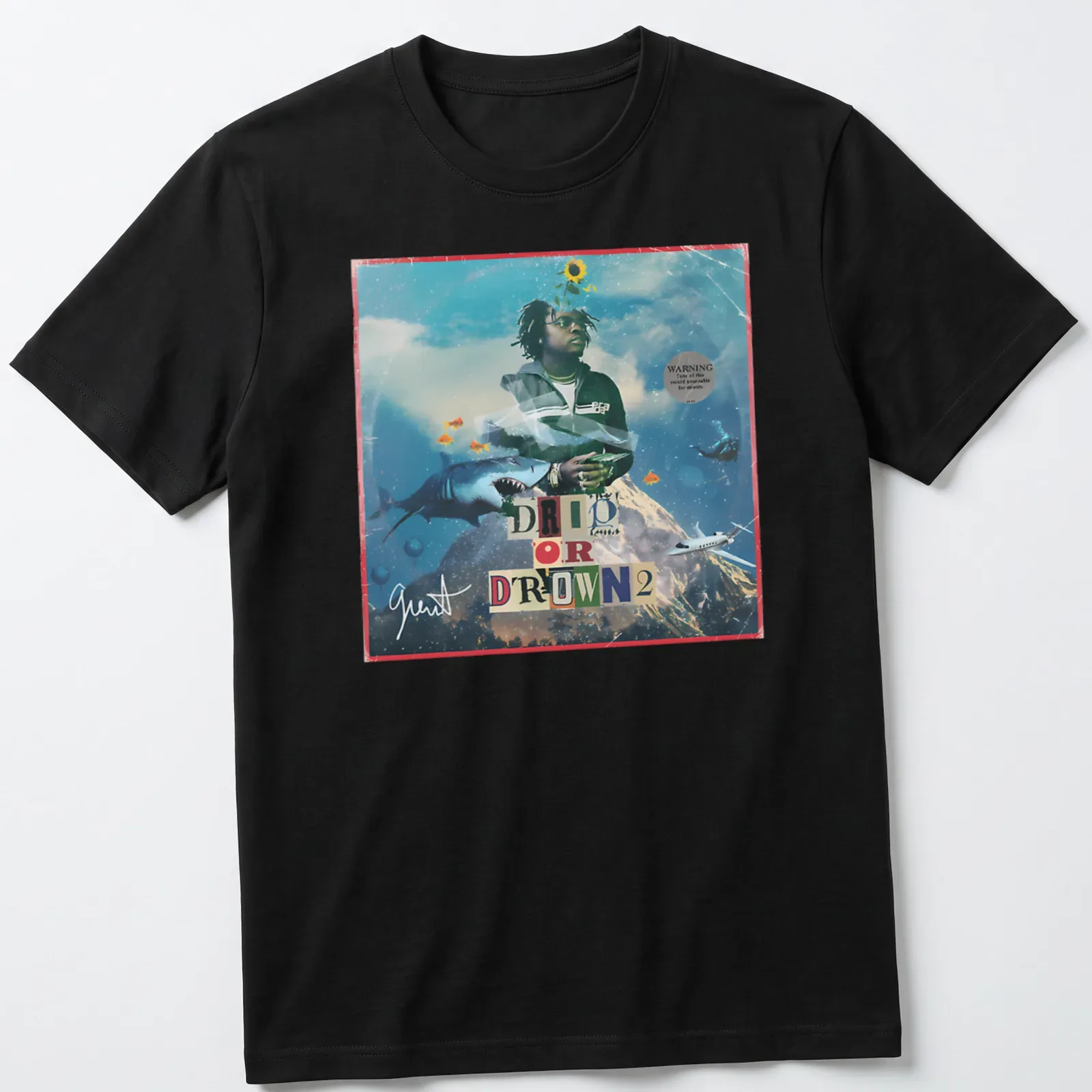 Vibrant collage t-shirt featuring Gunna with the text DRIP OR DROWN 2 — printed on a unisex t-shirt