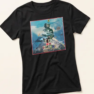 Vibrant collage t-shirt featuring Gunna with the text DRIP OR DROWN 2 — printed on a women's shirt