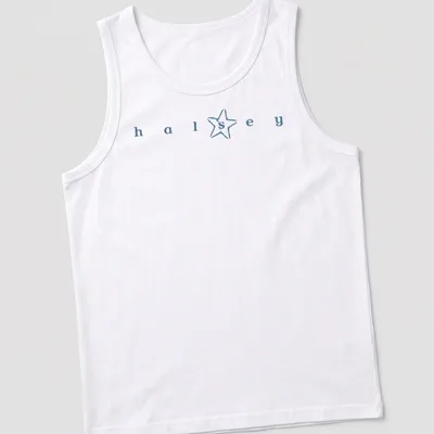 Minimalist Halsey star logo t-shirt with blue and white typography — printed on a tank top