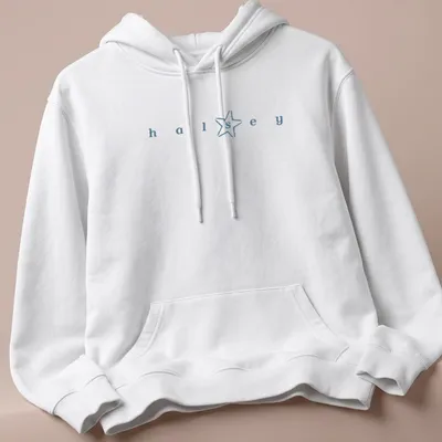 Minimalist Halsey star logo t-shirt with blue and white typography — printed on a unisex hoodie