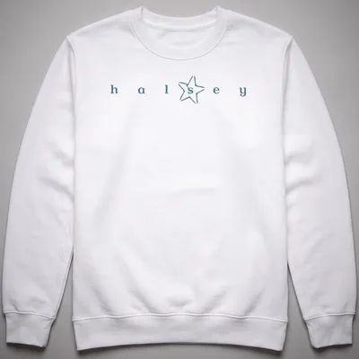 Minimalist Halsey star logo t-shirt with blue and white typography — printed on a unisex sweatshirt