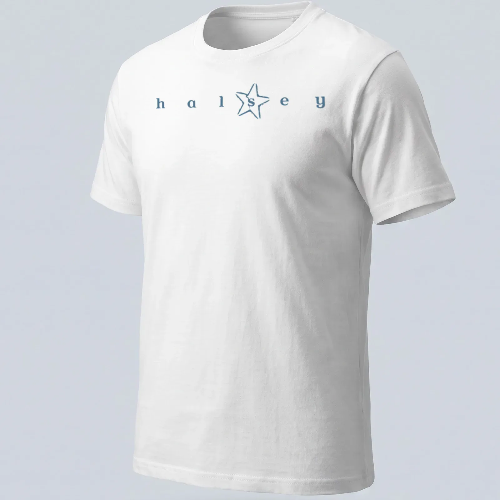 Minimalist Halsey star logo t-shirt with blue and white typography — printed on a unisex t-shirt
