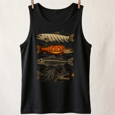 Halloween-themed trout fish with pumpkin and mummy decorations — printed on a tank top