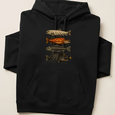 Halloween-themed trout fish with pumpkin and mummy decorations — printed on a unisex hoodie