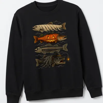Halloween-themed trout fish with pumpkin and mummy decorations — printed on a unisex sweatshirt