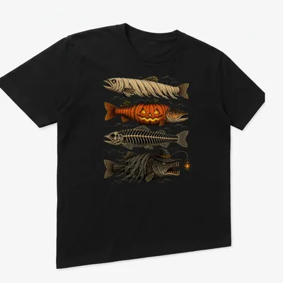 Halloween-themed trout fish with pumpkin and mummy decorations — printed on a unisex t-shirt (angled view)