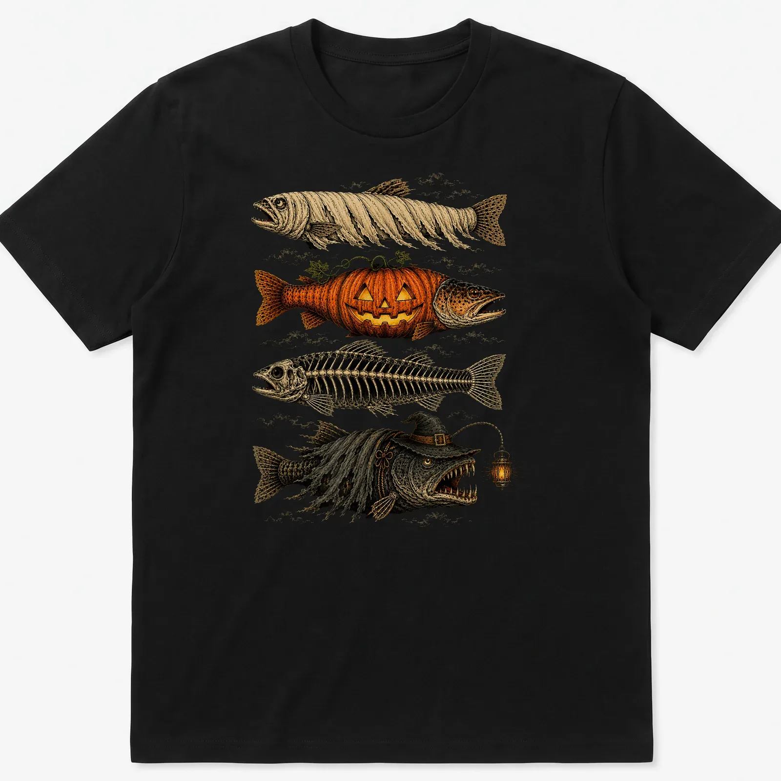 Halloween-themed trout fish with pumpkin and mummy decorations — printed on a unisex t-shirt