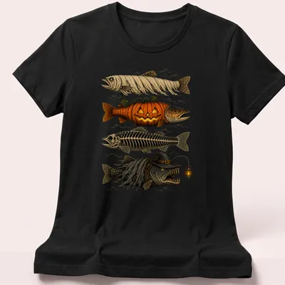 Halloween-themed trout fish with pumpkin and mummy decorations — printed on a women's shirt