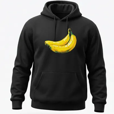 Hand drawn yellow bananas with green leaves on a white background — printed on a unisex hoodie