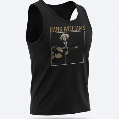 Vintage graphic of Hank Williams holding a guitar with text above — printed on a tank top