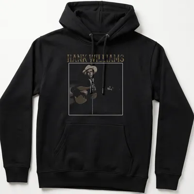 Vintage graphic of Hank Williams holding a guitar with text above — printed on a unisex hoodie