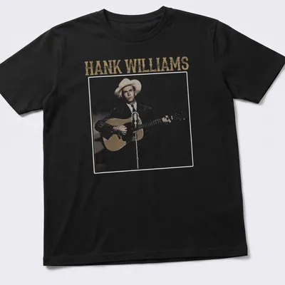 Vintage graphic of Hank Williams holding a guitar with text above