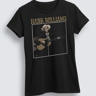 Vintage graphic of Hank Williams holding a guitar with text above — printed on a women's shirt