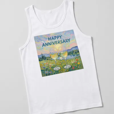 Illustration of two wine glasses with 'Happy Anniversary' text and a nature background — printed on a tank top