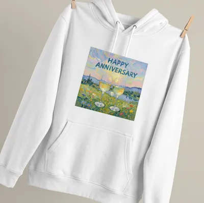 Illustration of two wine glasses with 'Happy Anniversary' text and a nature background — printed on a unisex hoodie